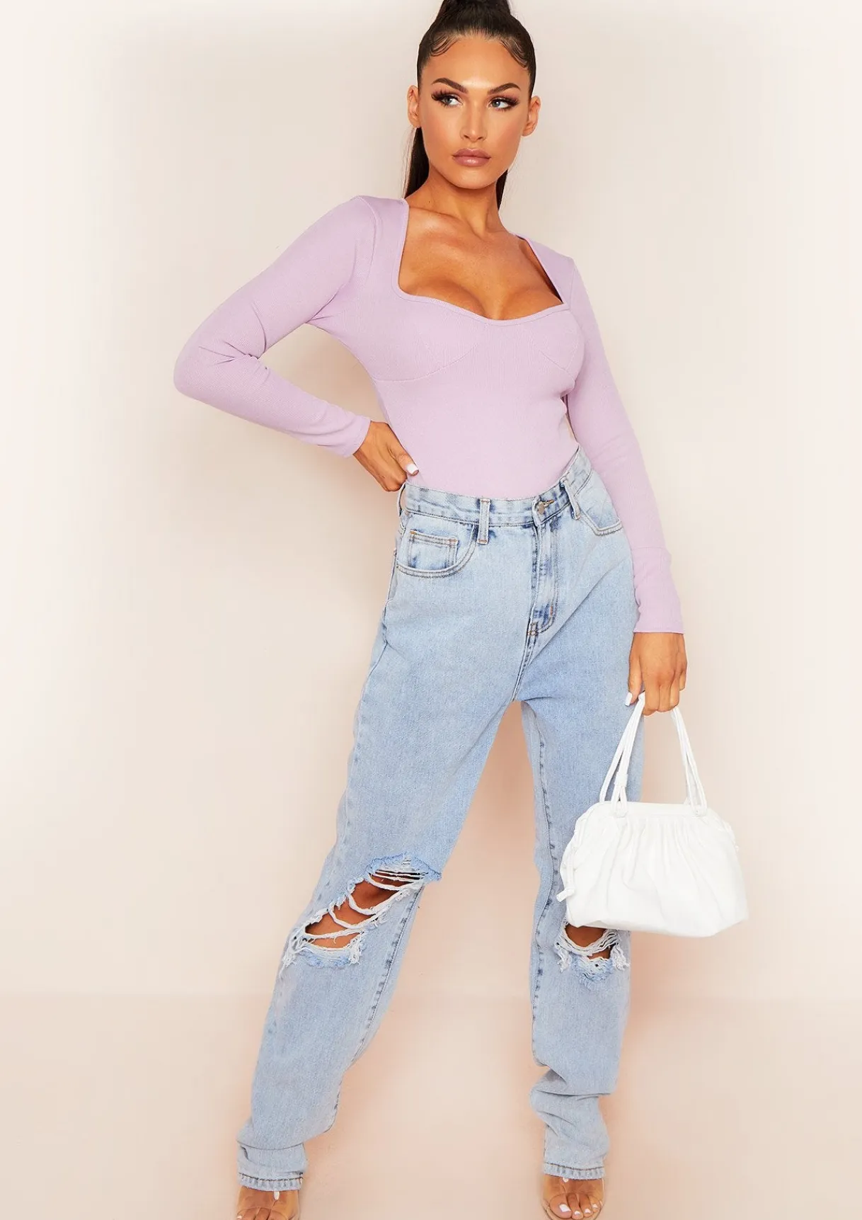 Airport Vibin'|Tops*Missy Empire Aaliyah Bust Cup Bandage Rib Bodysuit Lilac