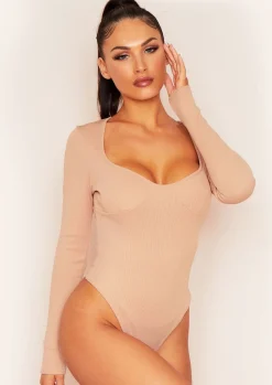 Tops|Bodysuits*Missy Empire Aaliyah Bust Cup Bandage Rib Bodysuit Rose