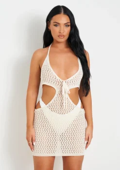 Knitted Dresses|Mini Dresses*Missy Empire Aarya Cream Knit Cut Out Mini Dress
