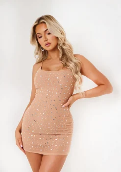 Mini Dresses|Party Dresses*Missy Empire Abbie Rhinestone Embellished Mini Dress Nude