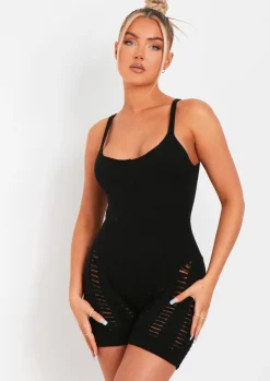 Rave Outfits|Concert Outfits*Missy Empire Adalynn Laddered Knitted Unitard Black