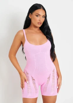 Rave Outfits|Concert Outfits*Missy Empire Adalynn Laddered Knitted Unitard Pink