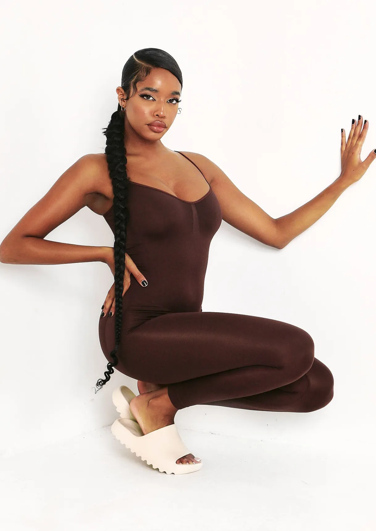 Airport Vibin'|Seamless & Shapewear*Missy Empire Adele Seamless Strappy All In One Jumpsuit Chocolate