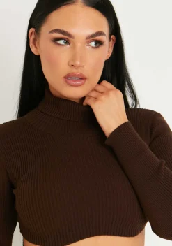 Airport Vibin'|Knitwear*Missy Empire Agnese Super Crop Roll Neck Knitted Jumper Chocolate