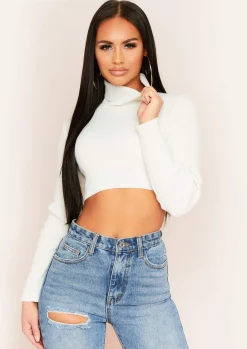Knitwear*Missy Empire Agnese Super Crop Roll Neck Knitted Jumper Cream