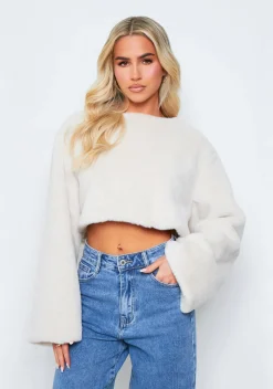 Tops|Knitwear*Missy Empire Alana Cream Cropped Faux Fur Jumper