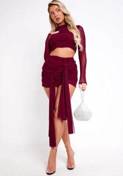The Party Edit|Skirts*Missy Empire Alanna Mesh Drape Detail Mini Skirt Burgundy