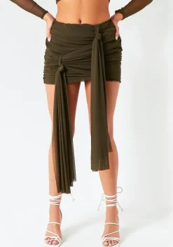 The Party Edit|Skirts*Missy Empire Alanna Dark Mesh Drape Detail Mini Skirt Khaki
