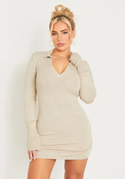Mini Dresses|Knitted Dresses*Missy Empire Aleena Stone Knitted Flare Cuff Collared Mini Dress
