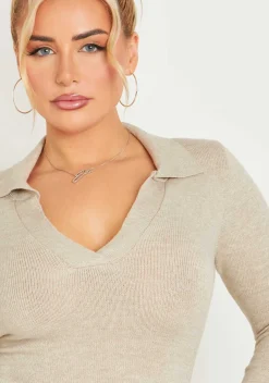 Mini Dresses|Knitted Dresses*Missy Empire Aleena Stone Knitted Flare Cuff Collared Mini Dress