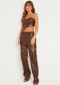 Trousers|Co-Ords*Missy Empire Alessia Brown Faux Leather Seam Detail Straight Leg Trousers