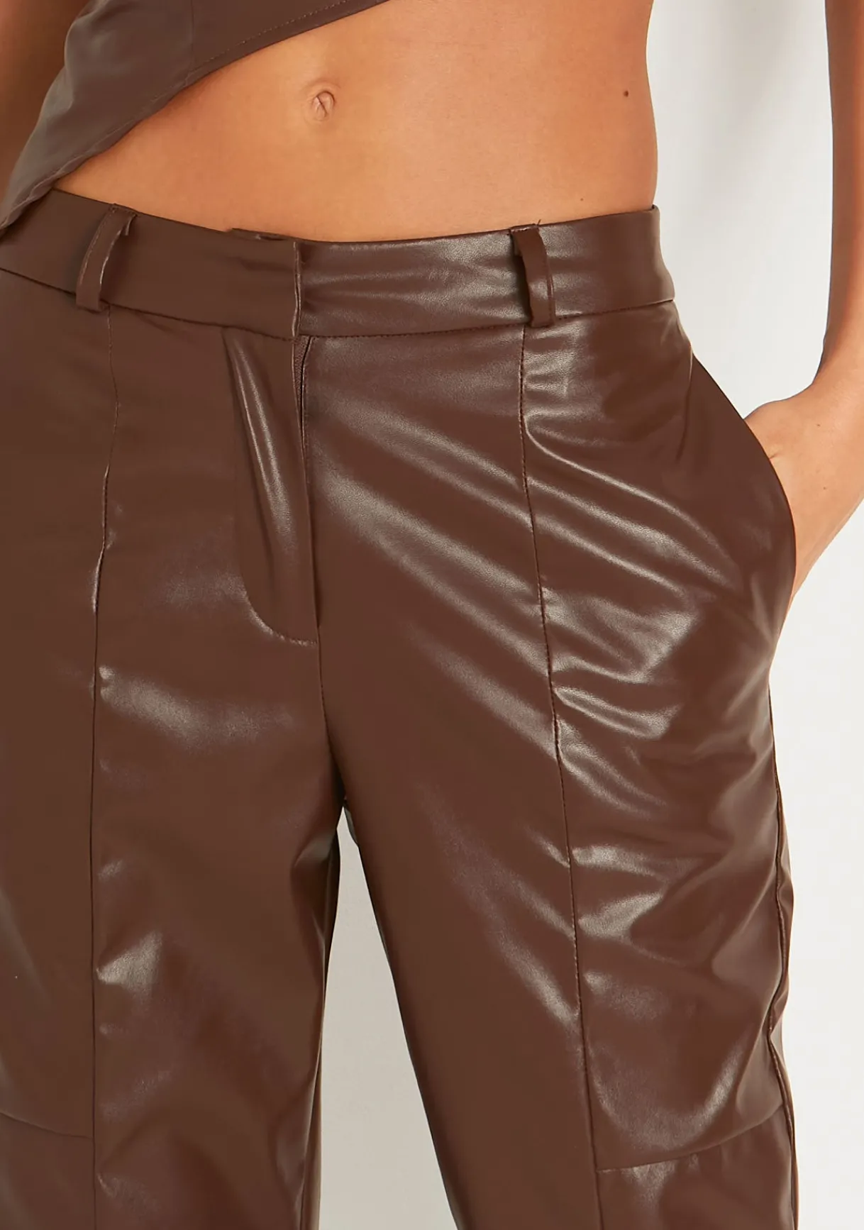 Trousers|Co-Ords*Missy Empire Alessia Brown Faux Leather Seam Detail Straight Leg Trousers