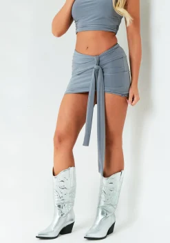 Skirts|Co-Ords*Missy Empire Alexa Grey Slinky Tie Front Mini Skirt