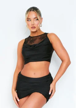 Tops|Co-Ords*Missy Empire Alexis Black Lace Panel Cowl Neck Sleeveless Top