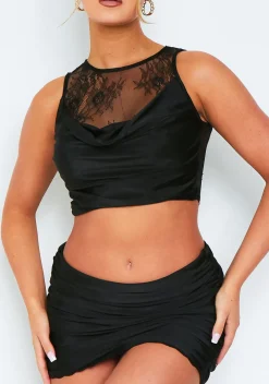 Tops|Co-Ords*Missy Empire Alexis Black Lace Panel Cowl Neck Sleeveless Top
