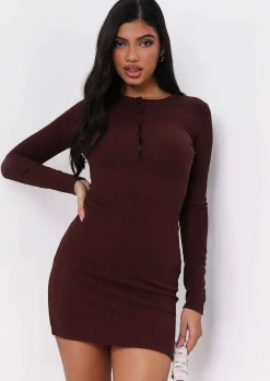 Long Sleeve Dresses|Knitted Dresses*Missy Empire Alia Chocolate Button Up Ribbed Mini Dress