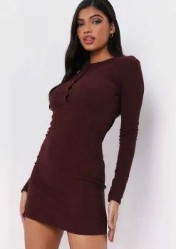 Long Sleeve Dresses|Knitted Dresses*Missy Empire Alia Chocolate Button Up Ribbed Mini Dress
