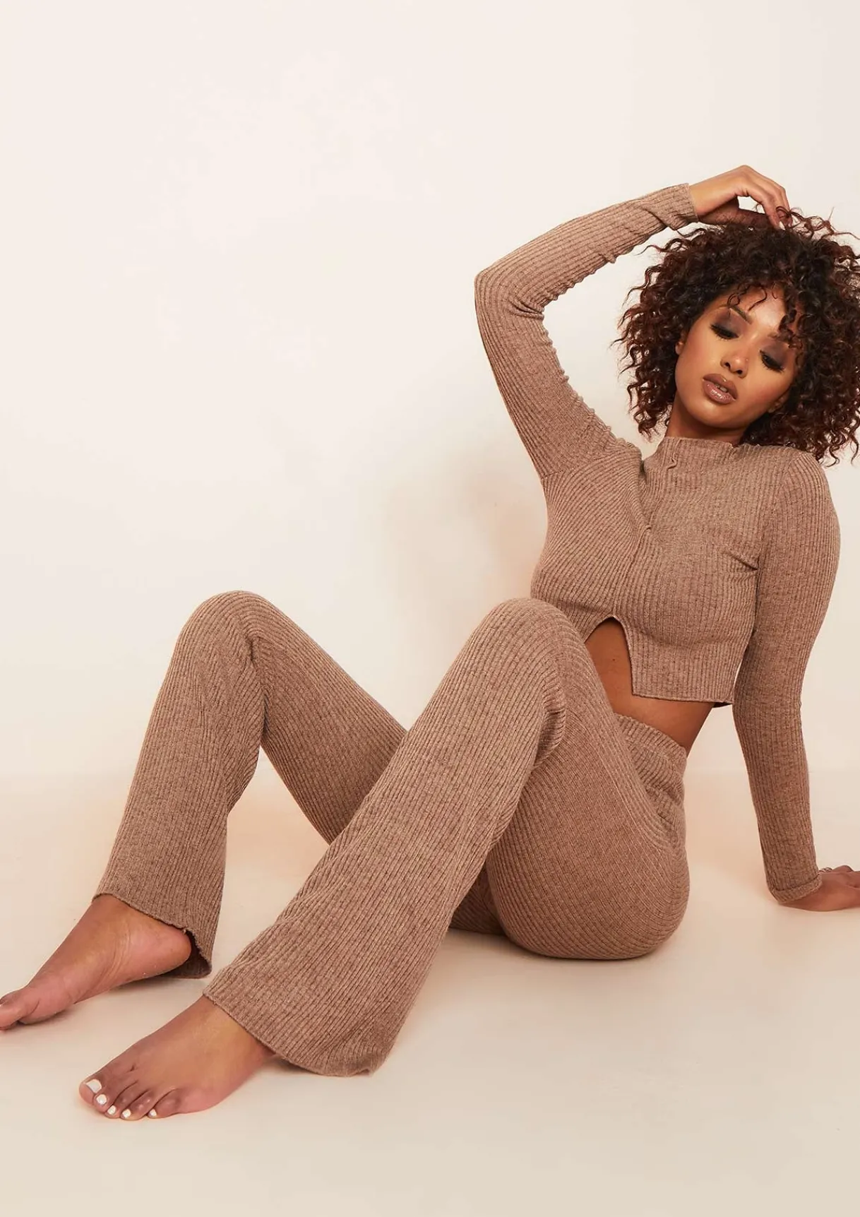 Airport Vibin'|Tops*Missy Empire Alia Mocha Soft Rib High Neck Exposed Seam Long Sleeve Crop Top