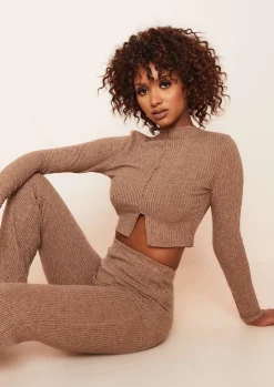Airport Vibin'|Tops*Missy Empire Alia Mocha Soft Rib High Neck Exposed Seam Long Sleeve Crop Top