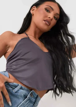 Tops*Missy Empire Aliyah Cross Strap Satin Tie Pointed Hem Top Grey