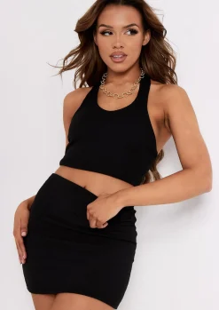 Tops|Basics*Missy Empire Amara Black Halterneck Ribbed Plunge Crop Top