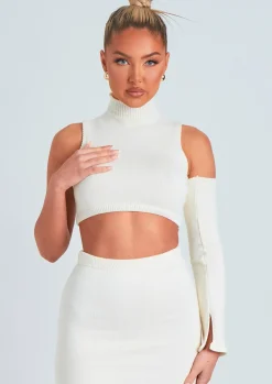 Knitwear|Co-Ords*Missy Empire Amber Cream One Sleeve Knitted Crop Top