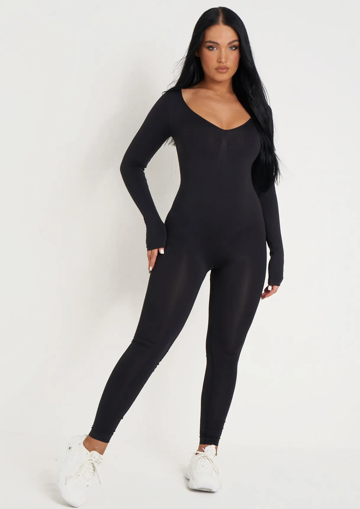 Airport Vibin'|Seamless & Shapewear*Missy Empire Amelia Seamless Long Sleeve Plunge Jumpsuit Black