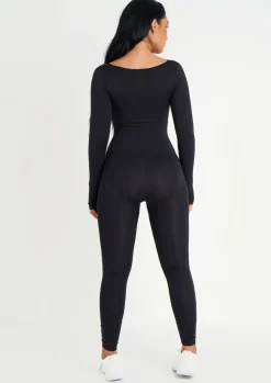 Airport Vibin'|Seamless & Shapewear*Missy Empire Amelia Seamless Long Sleeve Plunge Jumpsuit Black
