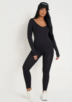 Airport Vibin'|Seamless & Shapewear*Missy Empire Amelia Seamless Long Sleeve Plunge Jumpsuit Black