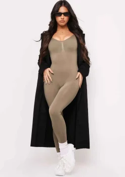 Airport Vibin'|Seamless & Shapewear*Missy Empire Amelia Olive Seamless Long Sleeve Plunge Jumpsuit Khaki