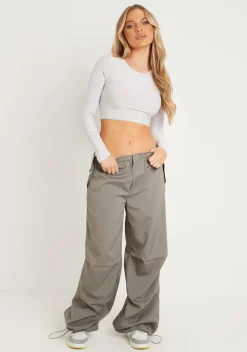 Airport Vibin'|Tops*Missy Empire Amida Long Sleeve Crew Neck Smooth Crop Top Grey