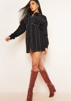 Little Black Dresses|Mini Dresses*Missy Empire Amy Black Denim Contrast Stitch Mini Dress