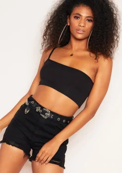 Tops|Basics*Missy Empire Andi One Shoulder Jersey Crop Top Black
