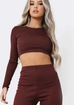 Airport Vibin'|Tops*Missy Empire Anila Chocolate Long Sleeve Thick Bandage Rib Crop Top