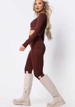 Airport Vibin'|Tops*Missy Empire Anila Chocolate Long Sleeve Thick Bandage Rib Crop Top