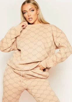 Airport Vibin'|Loungewear*Missy Empire Anisha Beige Repeat Slogan Print Oversized Sweatshirt