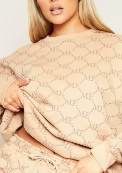 Airport Vibin'|Loungewear*Missy Empire Anisha Beige Repeat Slogan Print Oversized Sweatshirt