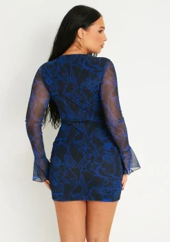 Long Sleeve Dresses|Mini Dresses*Missy Empire Aniyah Blue Mesh Long Flared Sleeved Front Ruched Mini Dress