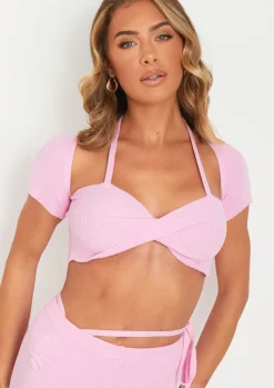 Tops|Knitwear*Missy Empire Anna Twist Front Cap Sleeve Crop Top Pink