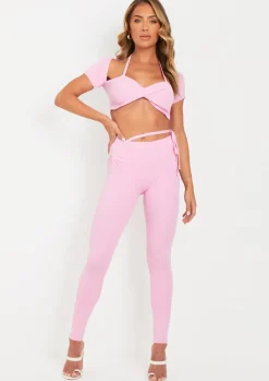 Tops|Knitwear*Missy Empire Anna Twist Front Cap Sleeve Crop Top Pink