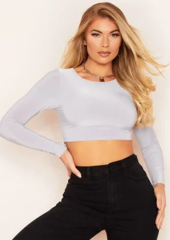Tops|Basics*Missy Empire Anni Slinky Long Sleeve Crop Top Grey