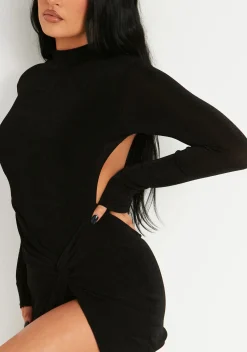 The Party Edit|Little Black Dresses*Missy Empire Annya High Neck Acetate Slinky Ruched Side Extreme Thigh Split Micro Mini Dress Black