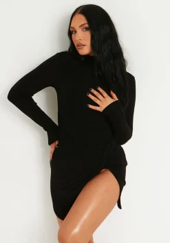 The Party Edit|Little Black Dresses*Missy Empire Annya High Neck Acetate Slinky Ruched Side Extreme Thigh Split Micro Mini Dress Black