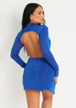 Mini Dresses|Party Dresses*Missy Empire Annya High Neck Acetate Slinky Ruched Side Extreme Thigh Split Micro Mini Dress Blue