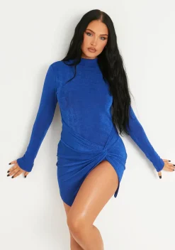 Mini Dresses|Party Dresses*Missy Empire Annya High Neck Acetate Slinky Ruched Side Extreme Thigh Split Micro Mini Dress Blue