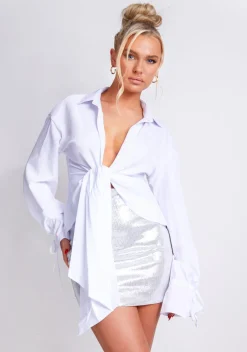 The Party Edit|Tops*Missy Empire Aphrodite Plunge Drape Detail Shirt White