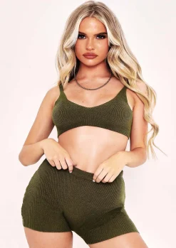 Shorts|Loungewear*Missy Empire Arden Knit Ribbed Shorts Olive