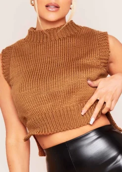Tops*Missy Empire Ariana Cropped Knitted Sleeveless Vest Camel