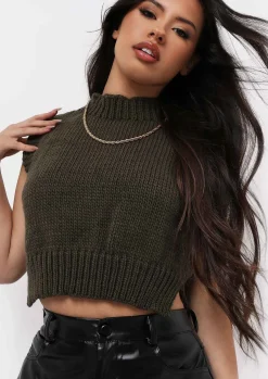Airport Vibin'|Tops*Missy Empire Ariana Cropped Knitted Sleeveless Vest Khaki