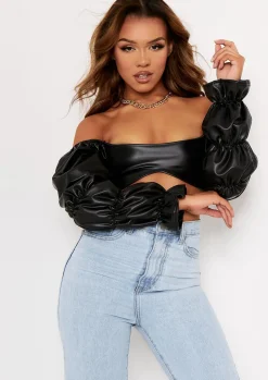 Tops*Missy Empire Ariel Black PU Ruched Sleeve Crop Top